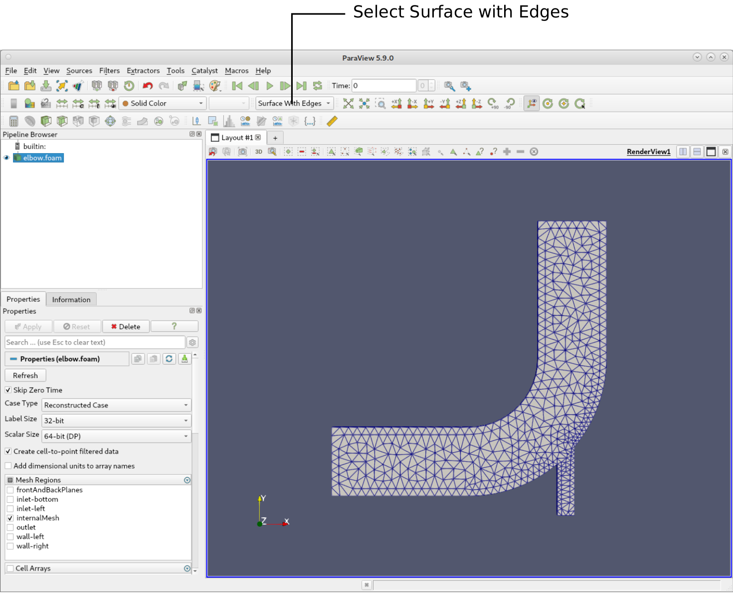 ParaView showing the elbow surface mesh