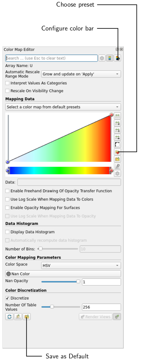 Backward-facing step paraview color bar settings